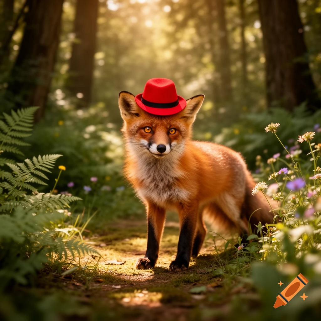 A cute red fox with a small red hat stands on a sunlit path in a lush green forest, photorealistic.