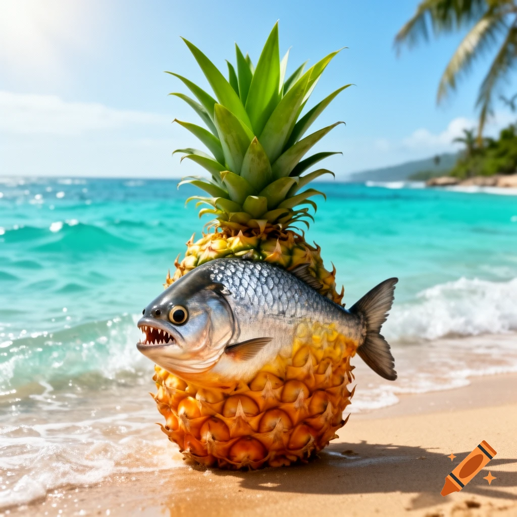 A fish with a piranha's head and tail merged with a pineapple body stands on a sandy tropical beach next to turquoise ocean water.