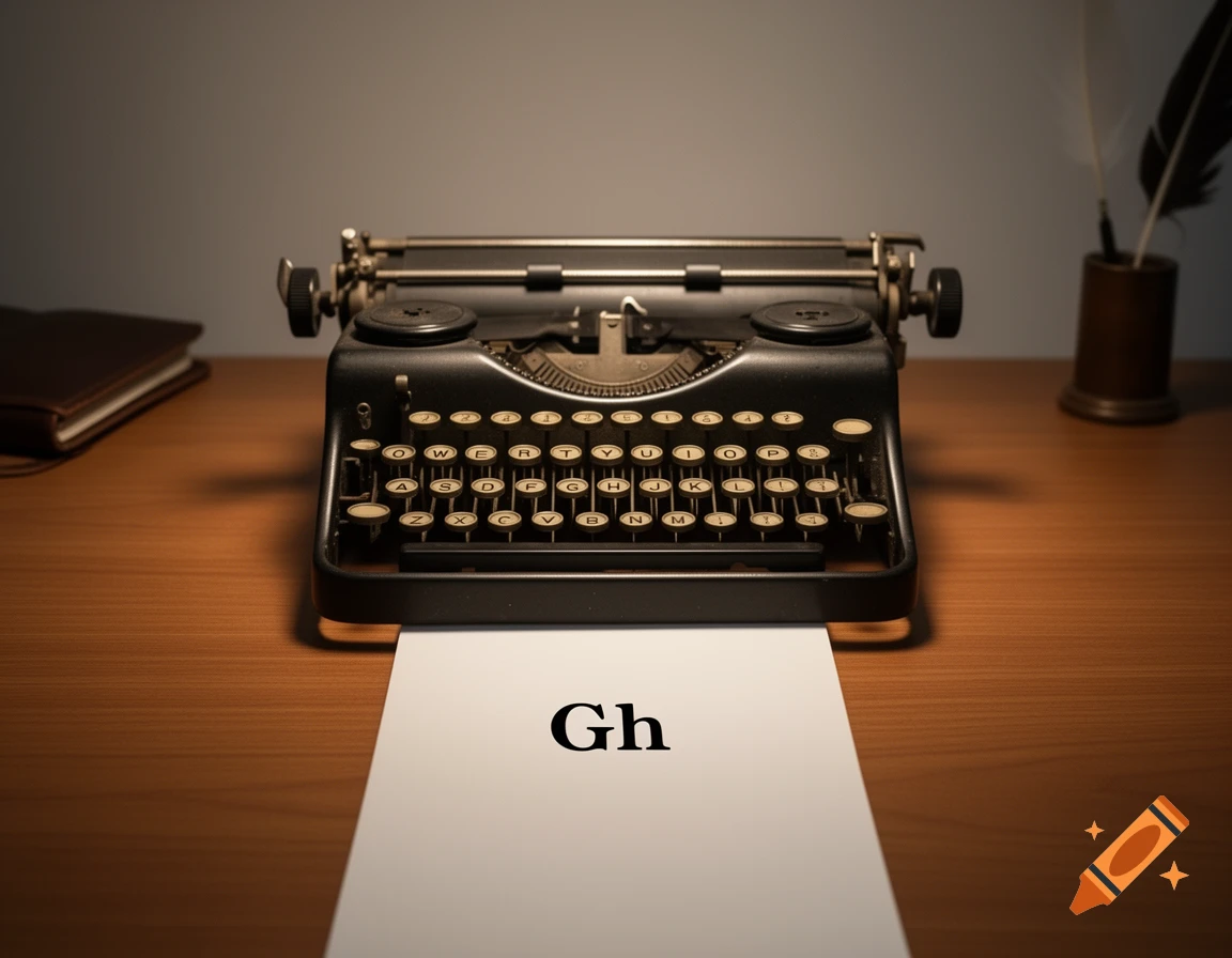 A vintage black typewriter with a piece of paper displaying "Gh" sits on a wooden desk, next to a book and a quill pen.