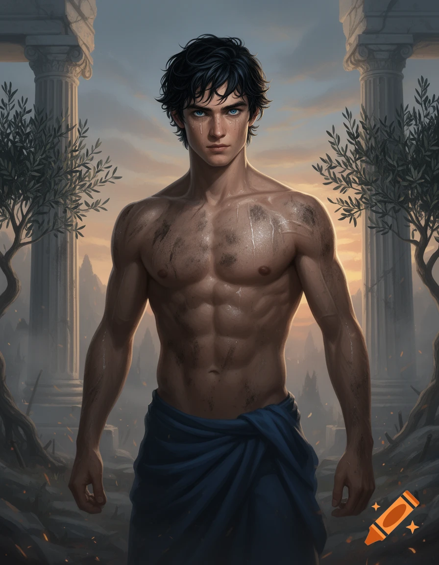 A shirtless, athletic young man with dark hair and blue eyes, covered in sweat and grime, stands among ancient ruins with columns and burning olive trees at sunset.