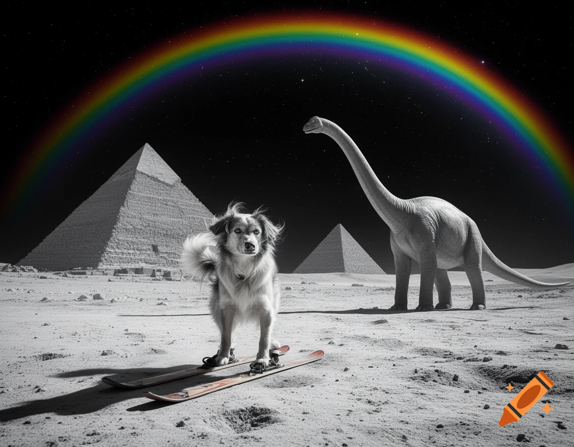 A surreal scene with a dog on skis on a lunar landscape, flanked by pyramids and a Brontosaurus, under a vibrant rainbow and starry sky.