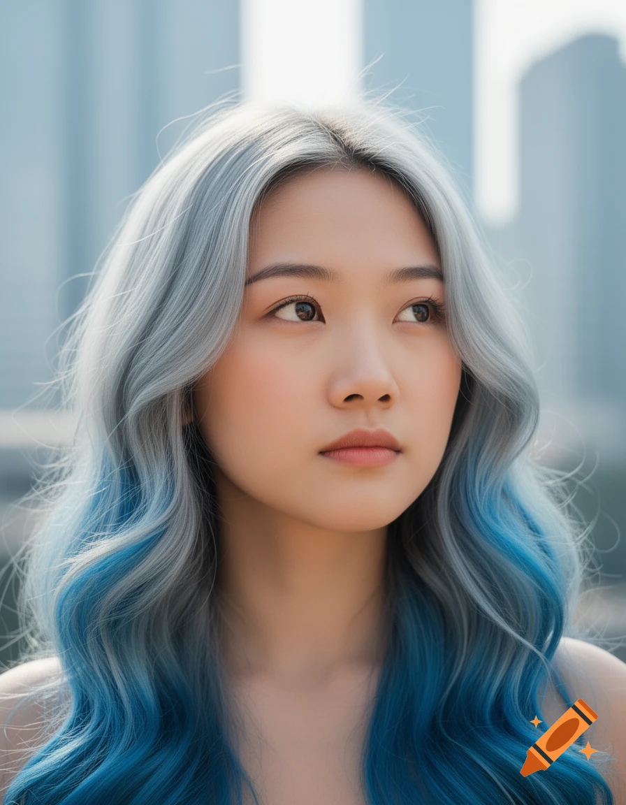 Photorealistic portrait of an Asian girl with warm skin and long, wavy silver-to-blue ombre hair, looking right.