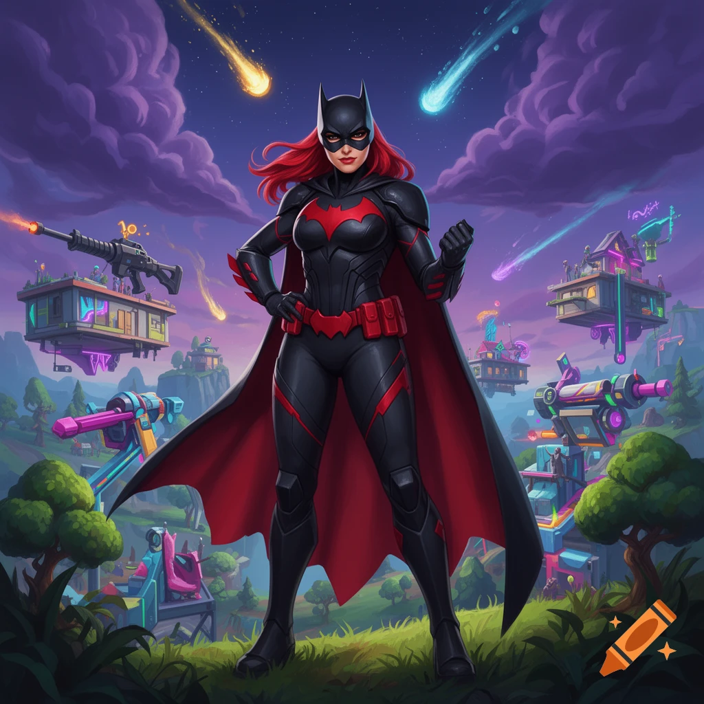 Batwoman in a black and red suit with a cape, standing confidently in a colorful, cartoonish Fortnite-style landscape with floating islands and meteors.