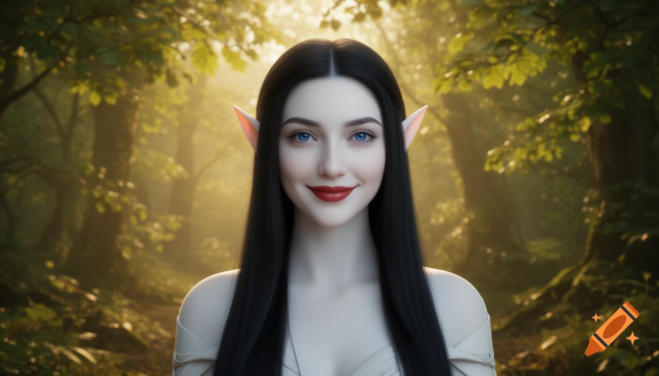 A hyper-realistic portrait of a female elf with long black hair, porcelain skin, blue eyes, and red lips, smiling gently in a sunlit mythical forest.