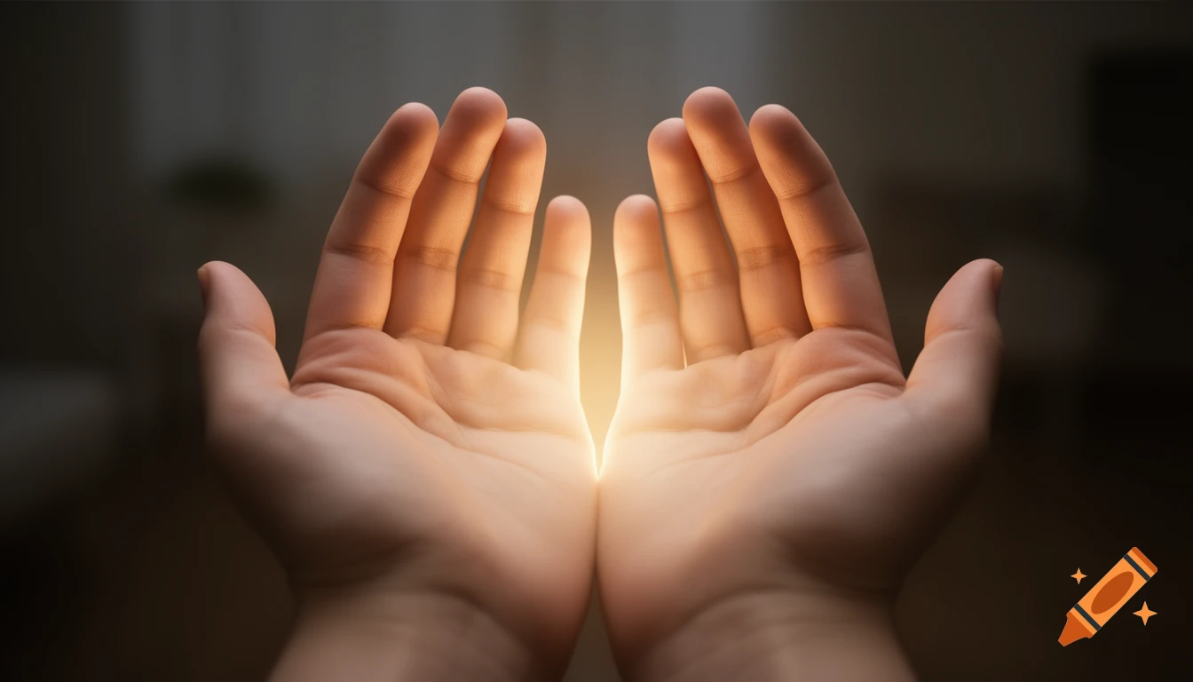 Two cupped hands with bright glowing light emanating between them, against a dark background.
