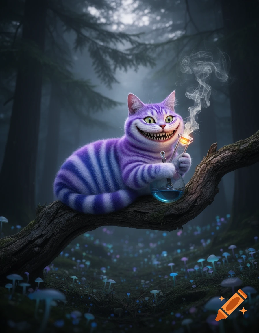 A stylized purple and blue striped Cheshire Cat sits on a tree branch, grinning while holding a lit bong in a misty fantasy forest with glowing mushrooms.
