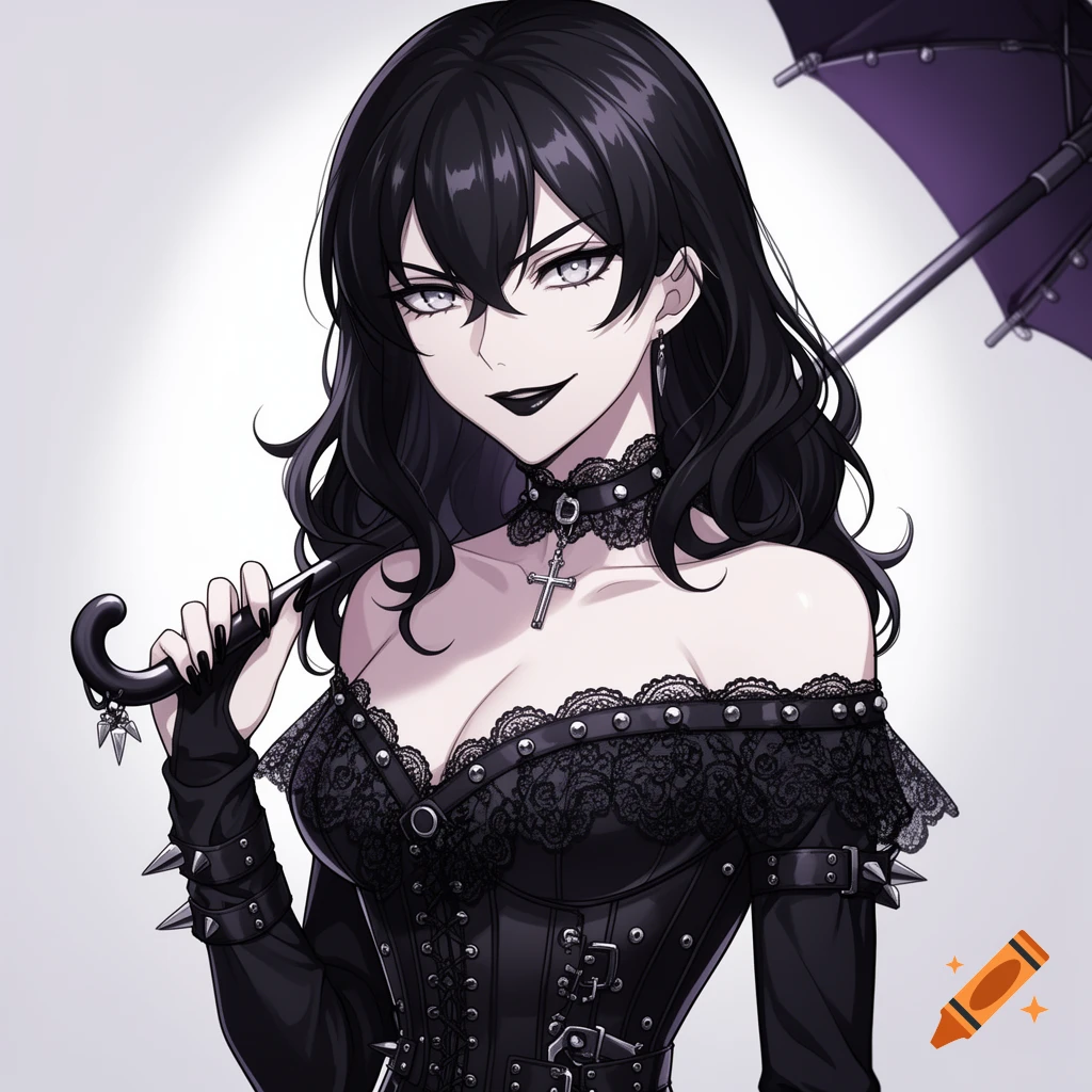A goth anime girl with black hair, black lipstick, and a black off-shoulder top with a corset, holding a purple umbrella.