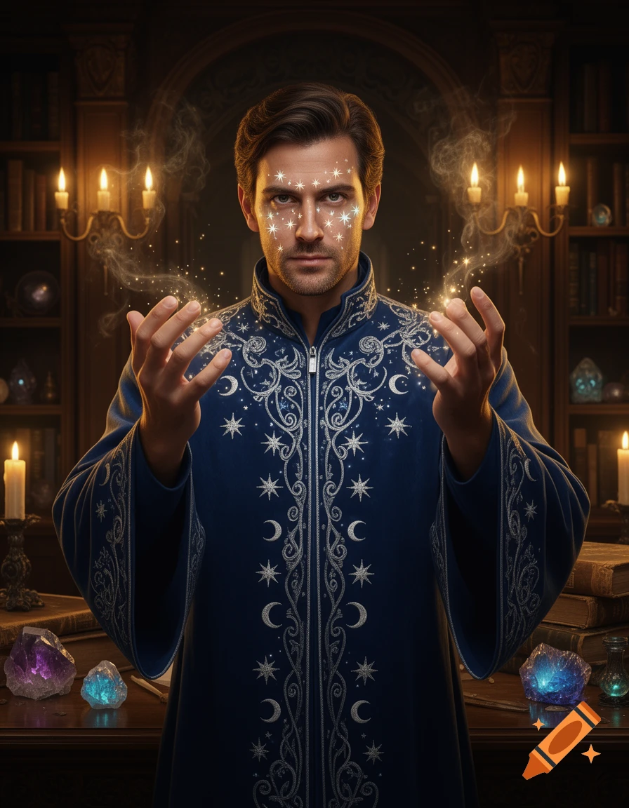 A photorealistic portrait of a male sorcerer in a blue robe, casting magic with glowing stars around his face and hands in a candlelit study.