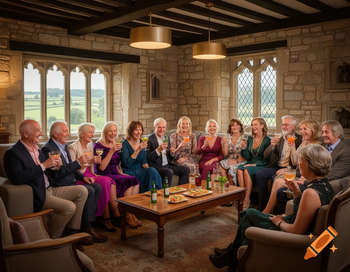 A group of happy middle-aged adults socialize, drinking cocktails and beer around a coffee table in a modernly renovated medieval-style living room.