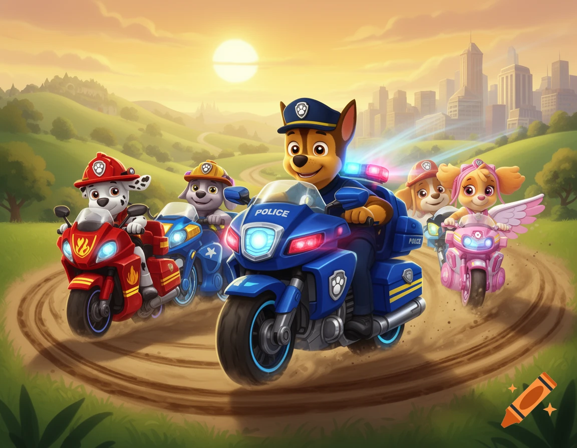 Cartoon dogs from Paw Patrol, including Chase, Marshall, Rubble, and Skye, ride colorful motorcycles on a dirt path towards a city at sunset.
