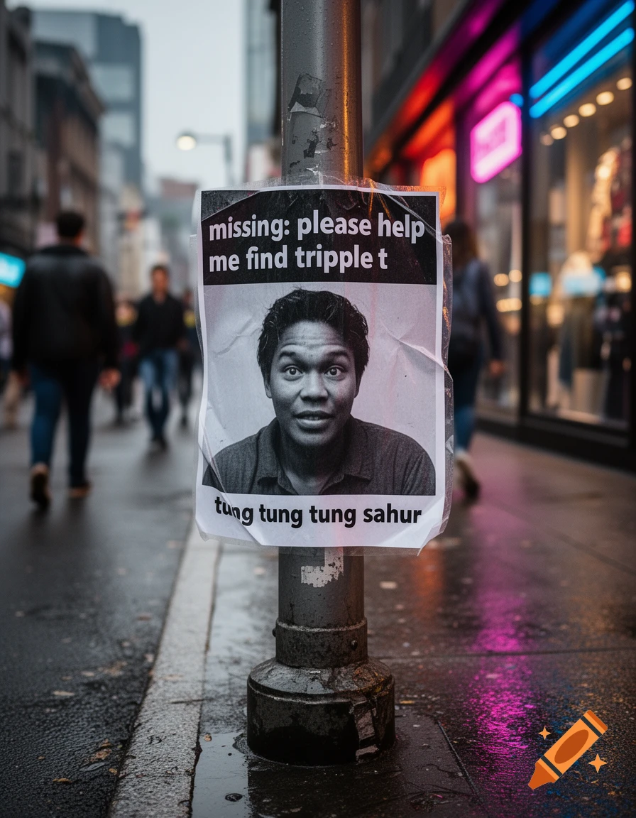 Photorealistic image of a missing person poster on a lamppost on a wet urban street with blurred people and neon lights.