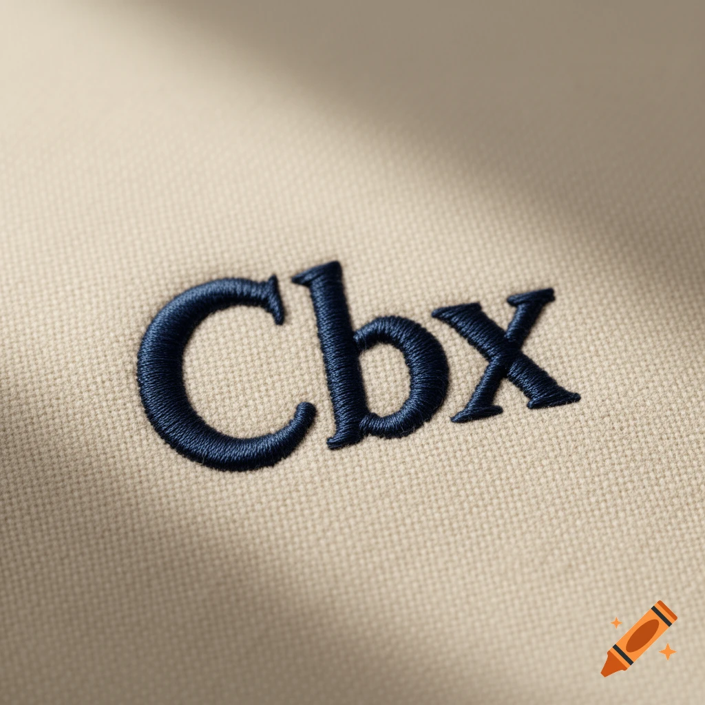 Close-up of navy blue embroidered letters 'Cbx' on beige fabric.