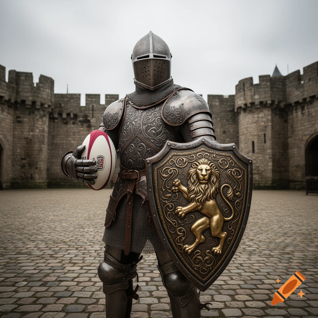 Photorealistic image of a medieval knight in full armor holding a rugby ball and a shield with a golden lion emblem in a castle courtyard.