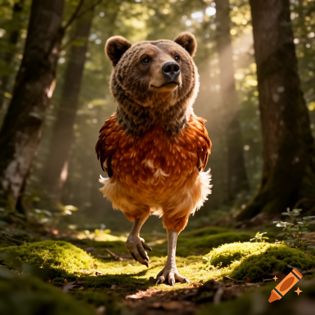 A creature with a bear's head and a chicken's body and legs walks through a sunlit forest.