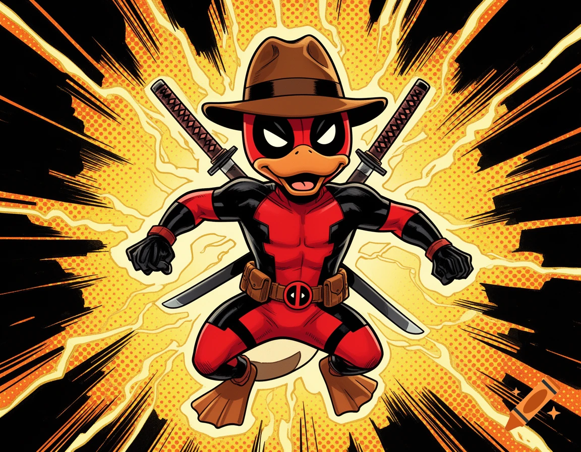 A dynamic comic book illustration of Perry the Platypus in a Deadpool costume, brown fedora, and katanas, against an explosive comic background.