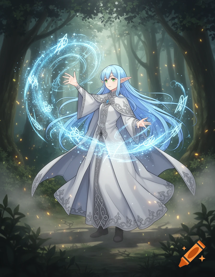 An anime elf with long blue hair and green eyes, wearing a white robe, casts a spell amidst glowing blue magical symbols in a dark forest.