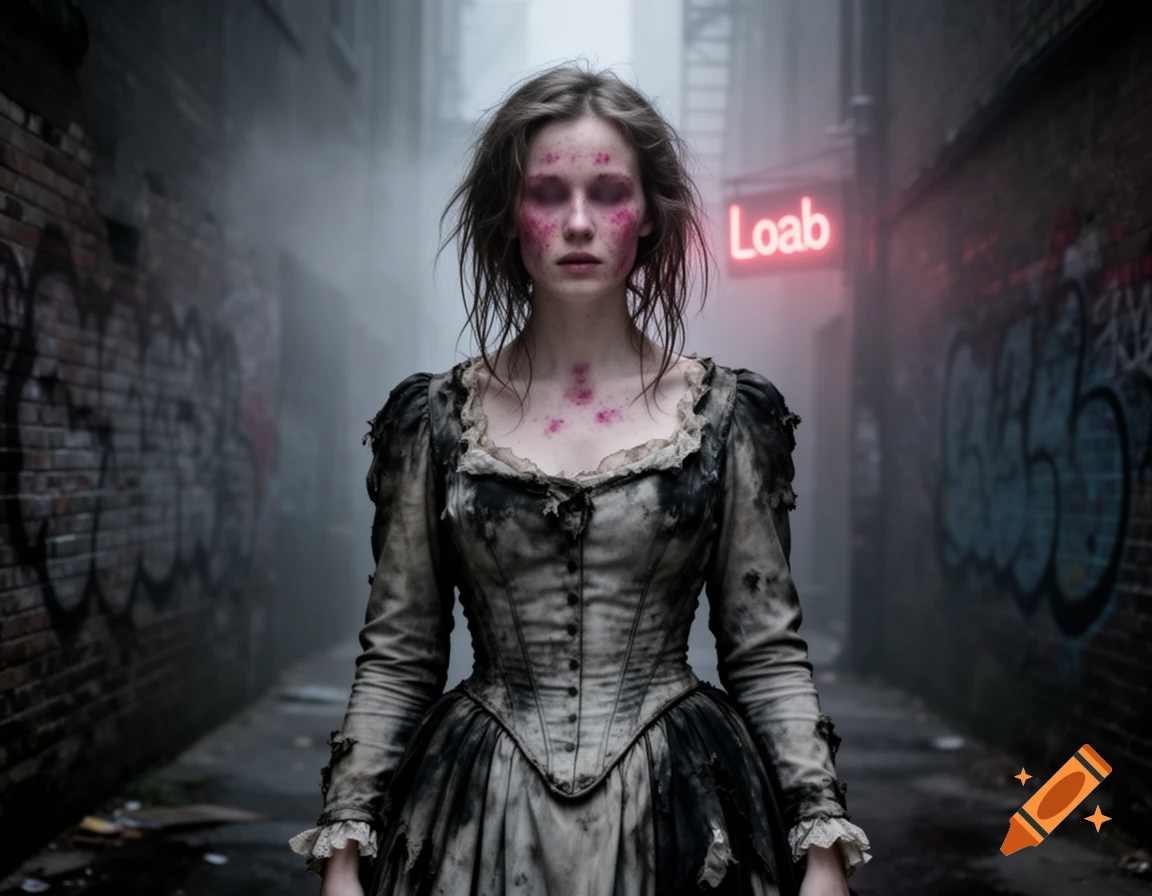 A disheveled woman with pink marks on her face stands in a foggy alley with graffiti and a neon 'Loab' sign.