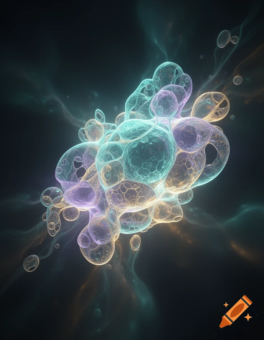 Luminescent, translucent blue, purple, and yellow cells form an entangled abstract shape on a dark, smoky background.