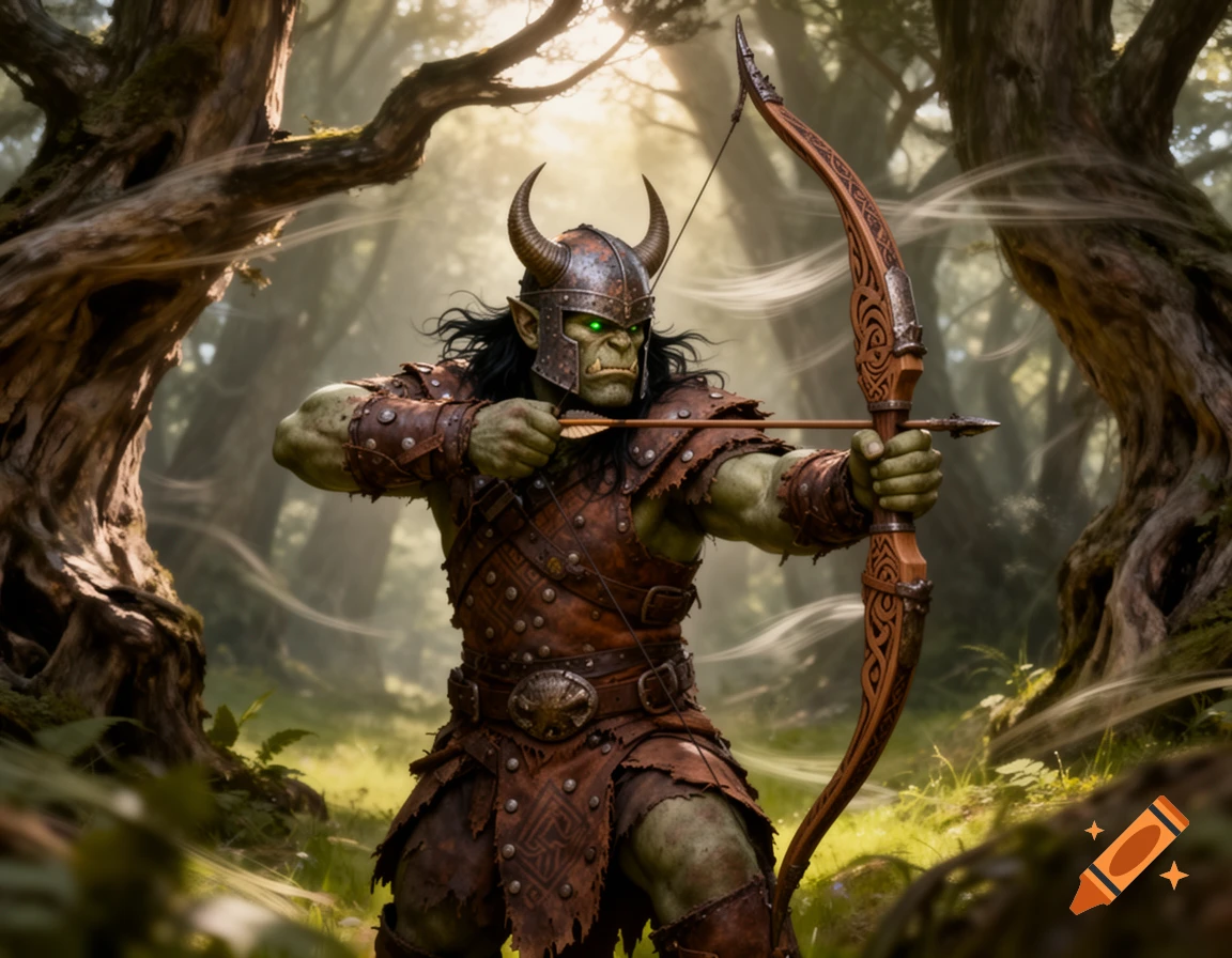 A green-skinned orc archer in horned helmet and leather armor draws a bow in a mystical forest.