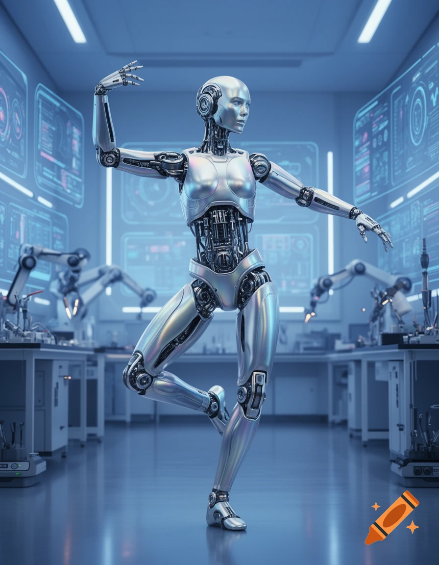 Photorealistic silver humanoid robot striking a ballet pose in a high-tech laboratory.