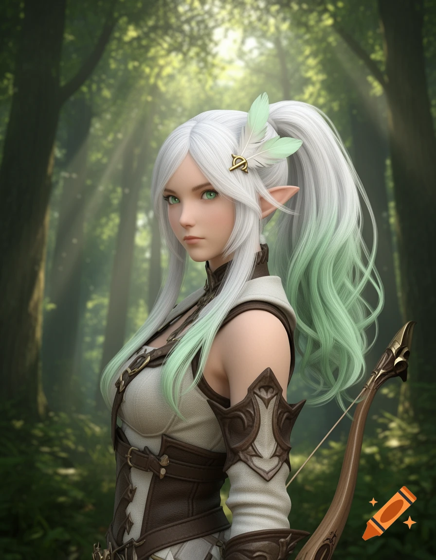 A female elf archer with white and green tipped hair, green eyes, and a bow, standing in an enchanted forest with sunlight streaming through the trees.
