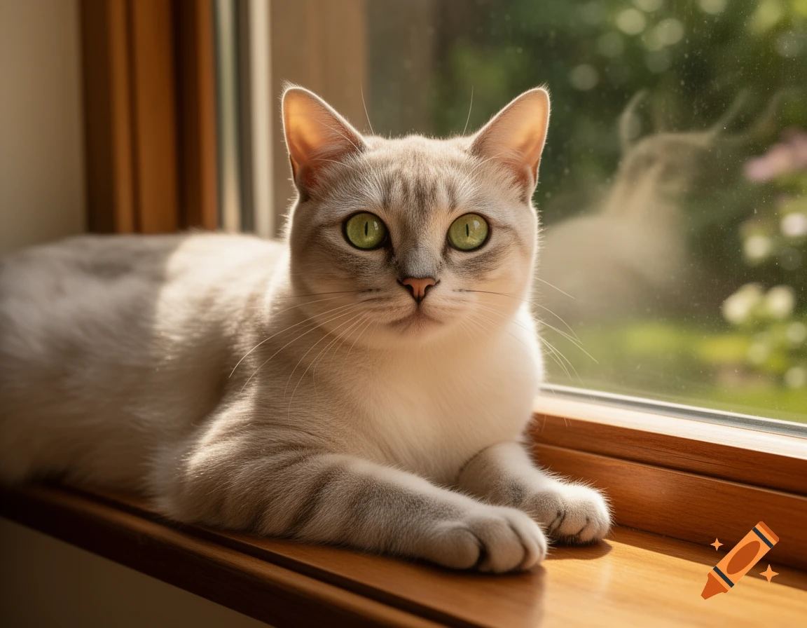 A light-colored cat with green eyes rests on a sunlit wooden windowsill, gazing directly. Photorealistic style.