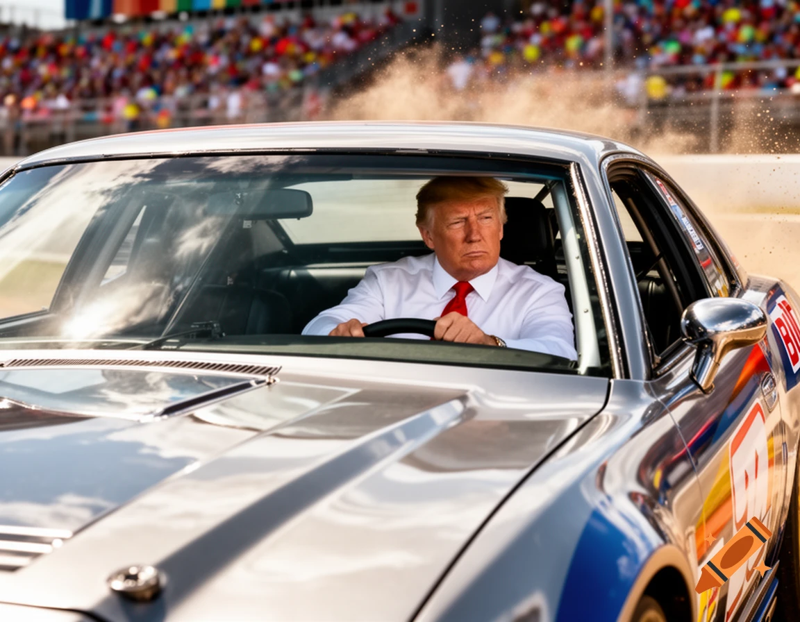 Photorealistic image of Donald Trump driving a silver race car kicking up dust on a track, with spectators in the background.