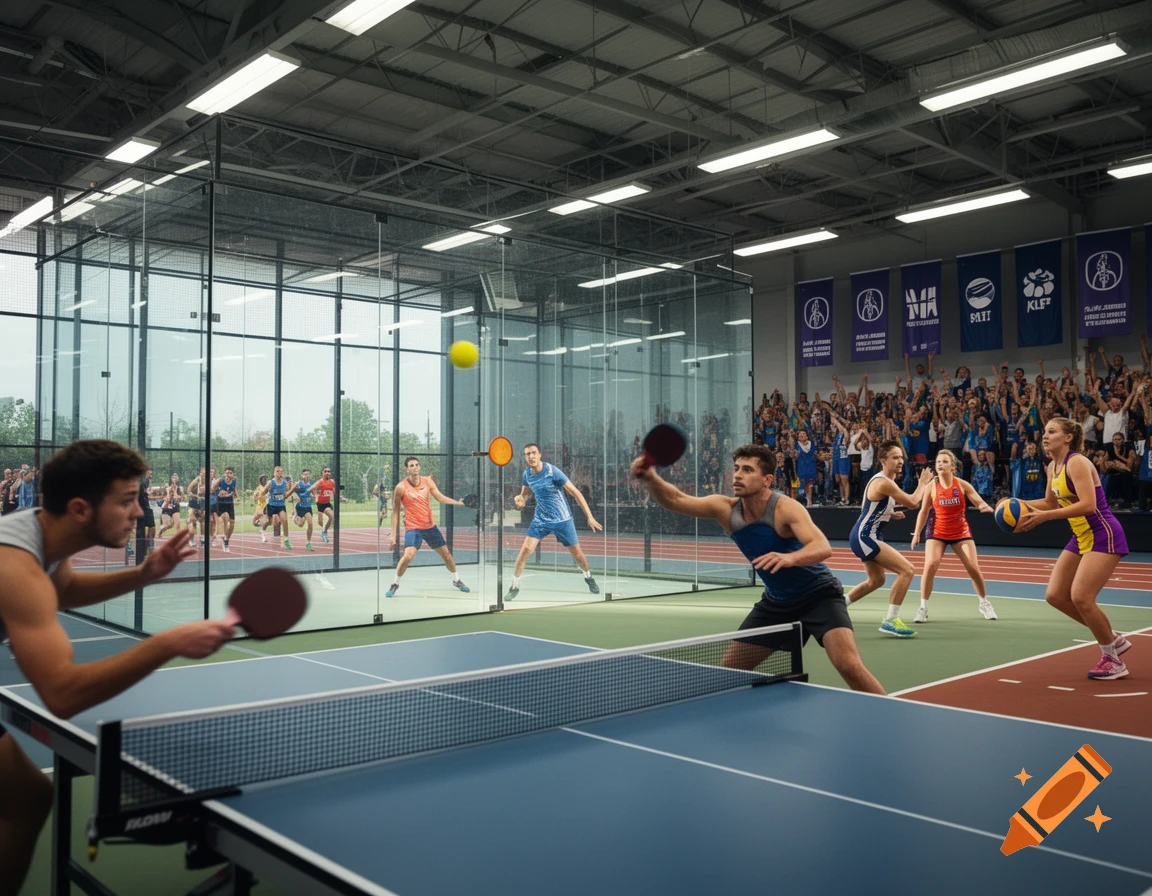 Multiple athletes engage in diverse indoor sports including table tennis, netball, and running, within a large sports complex.
