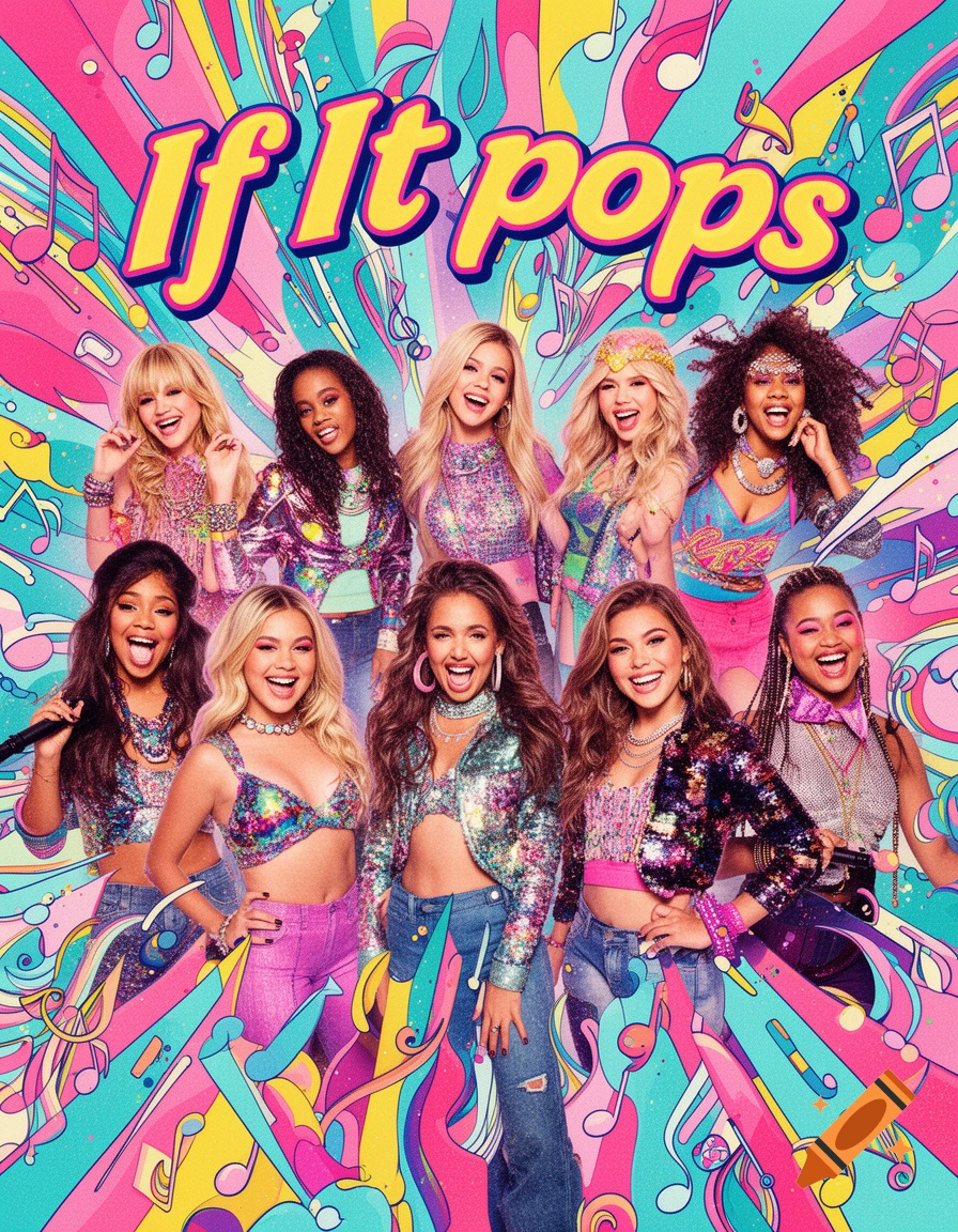 A group of ten diverse young women, styled as pop singers in sparkly, colorful outfits, pose against a vibrant, abstract background with musical notes and geometric shapes. Text at the top reads "If It pops".