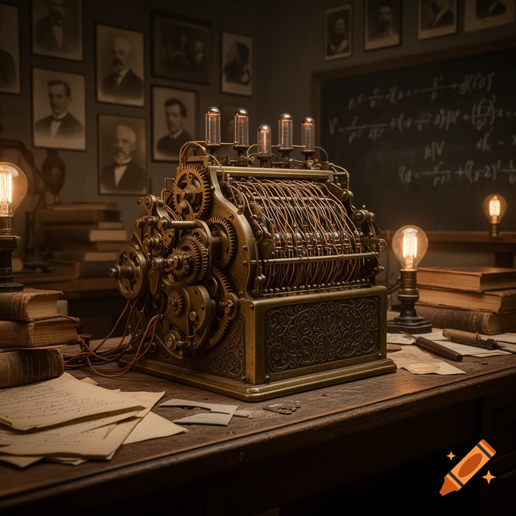 A close-up shot of an elaborate brass and copper steampunk calculating machine, gears visible, on a wooden desk. Old books, papers with illegible writing, and lit incandescent bulbs surround it. Framed portraits hang on a dark wall in the background, with a blackboard displaying indistinct mathematical equations.