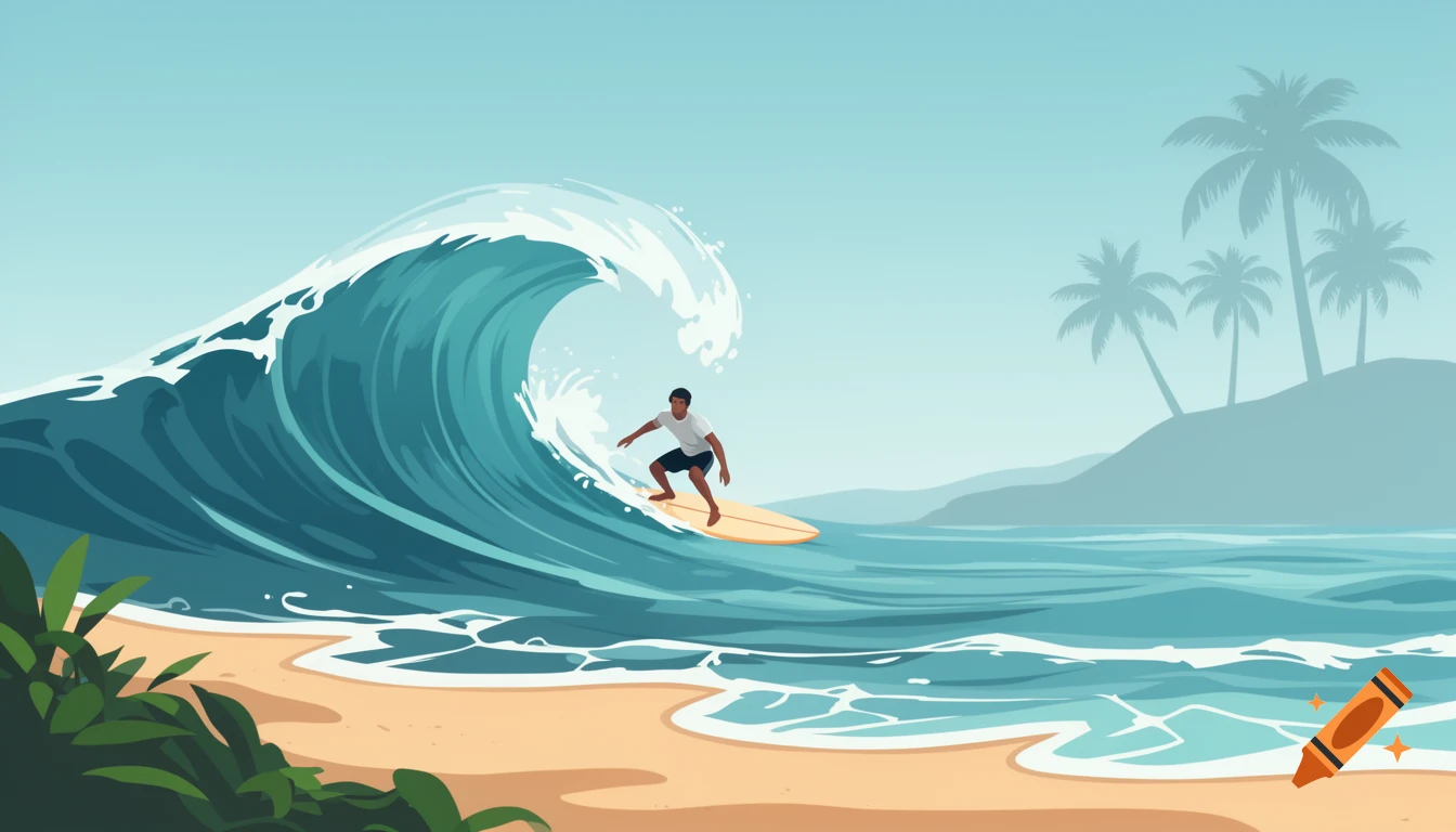 A stylized illustration shows a surfer riding a large blue wave near a sandy beach with palm trees in the background.