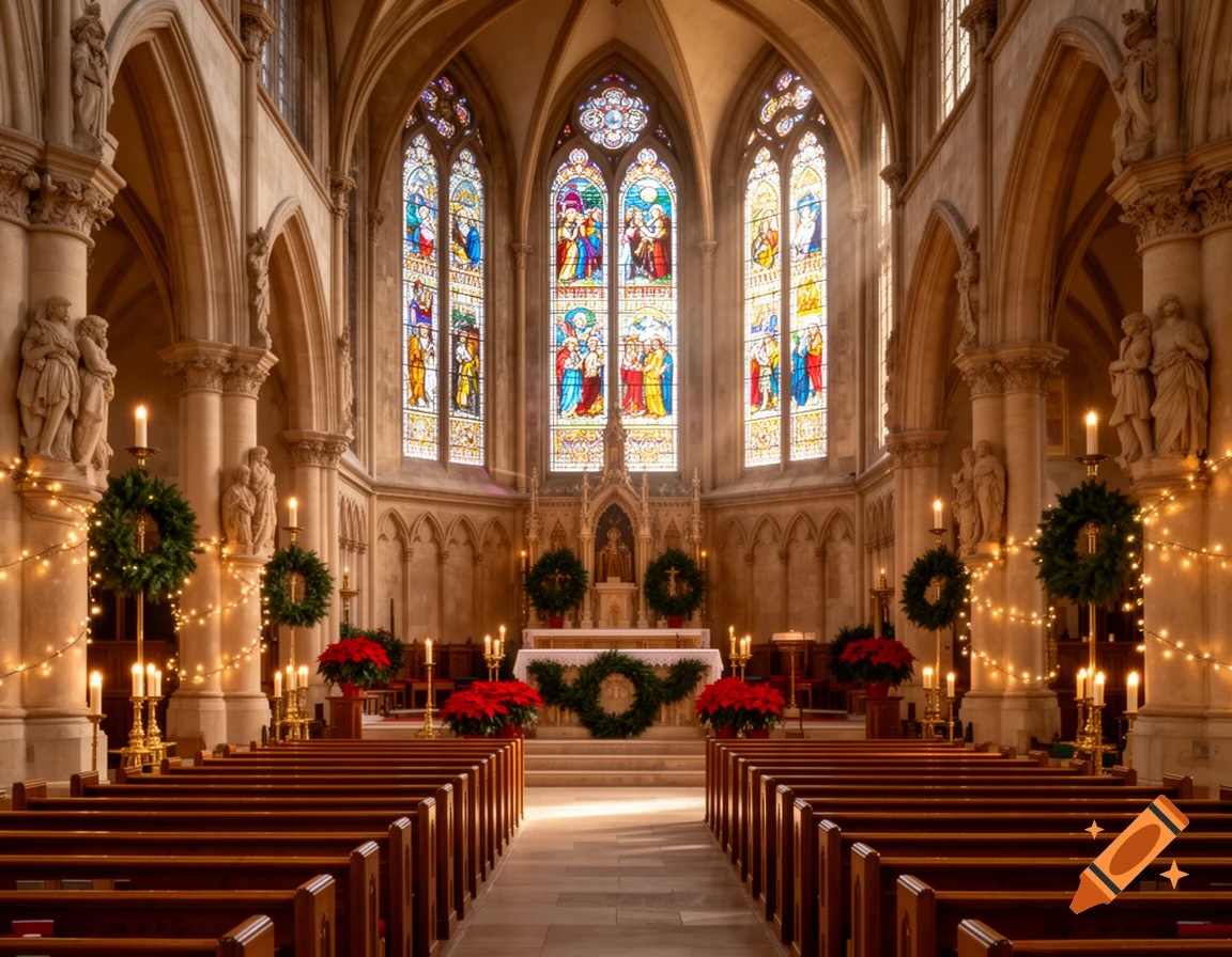 Interior of a church decorated for Christmas, featuring stained glass windows, rows of wooden pews, and glowing string lights on wreaths and columns.