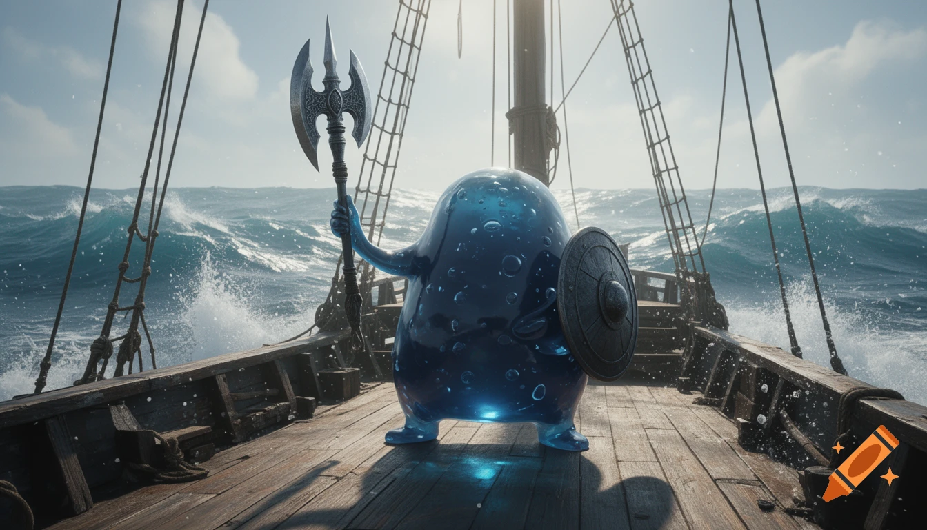 A translucent blue slime creature stands on a wooden ship deck, holding a halberd and a shield on a stormy ocean, cinematic fantasy.