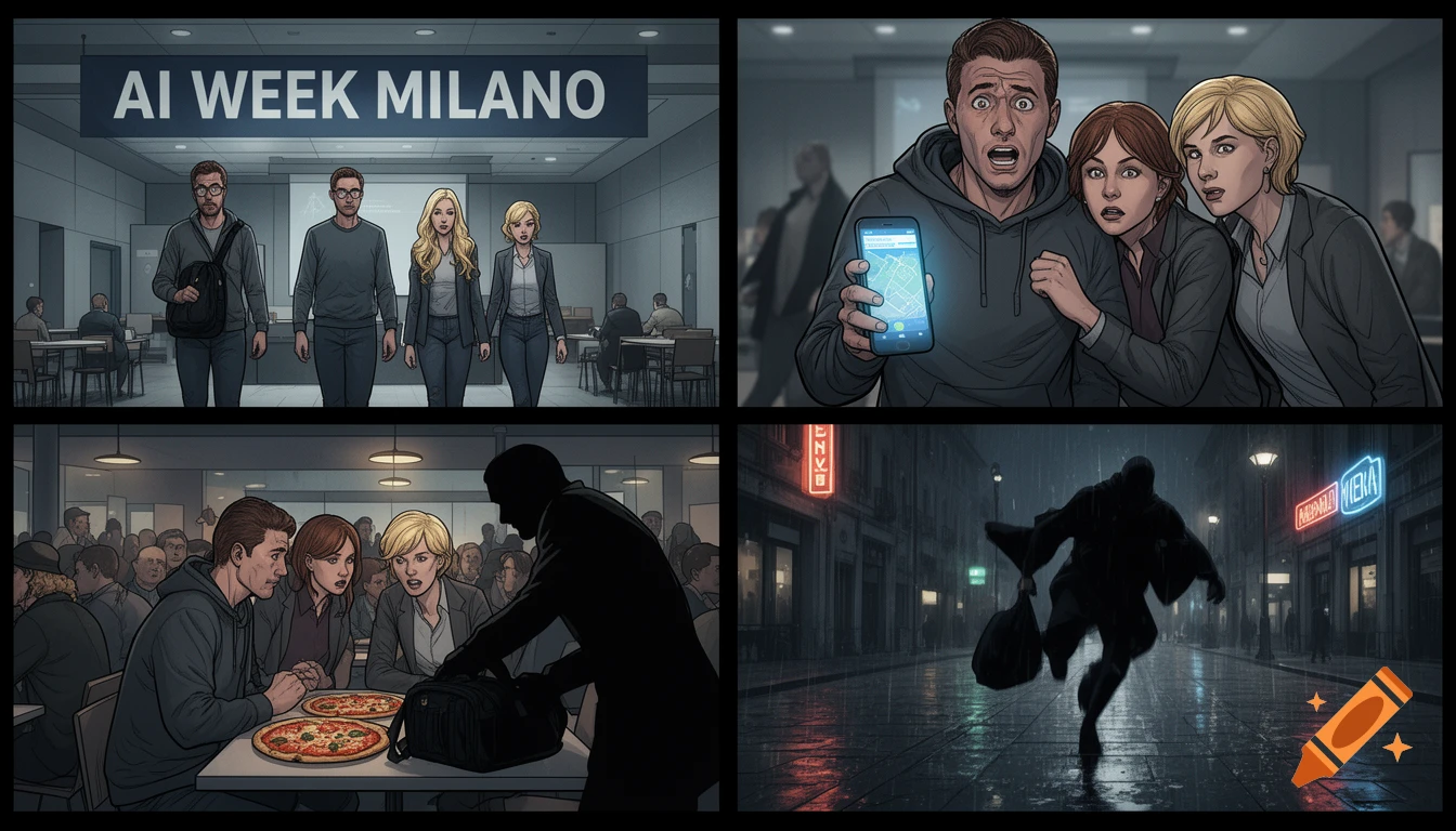 Four panel comic book style image showing IT colleagues at "AI Week Milano", a theft of a backpack, and a man running in the rain at night.