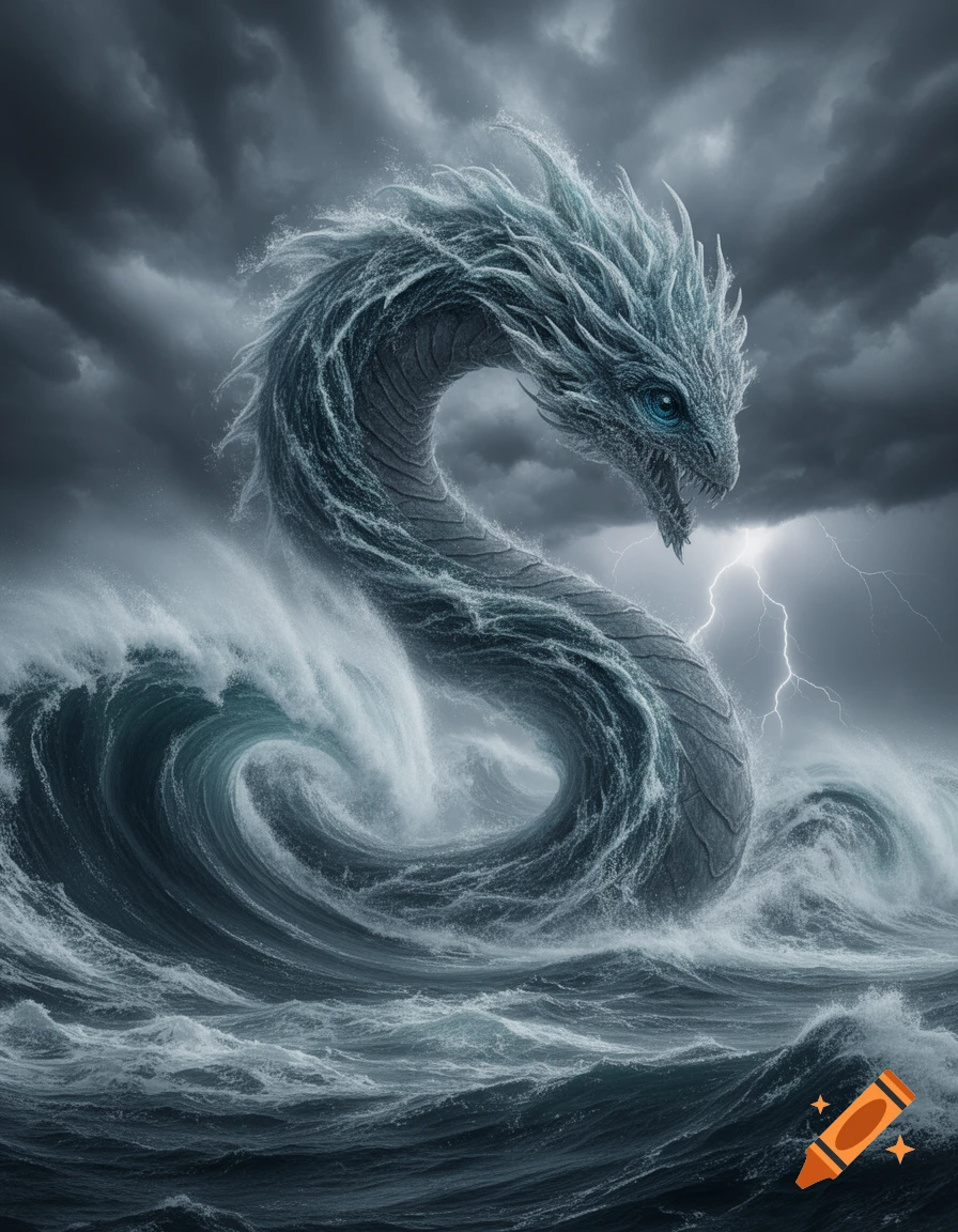 A fierce, scaly sea dragon with glowing blue eyes rises from turbulent, crashing waves under a dark, stormy sky with lightning.