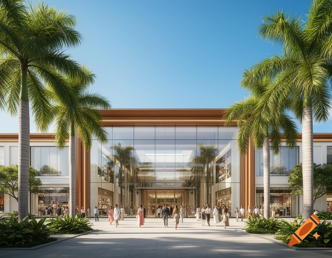 A modern, luxurious building with a large glass facade, people walking in front, and tall palm trees under a clear blue sky.