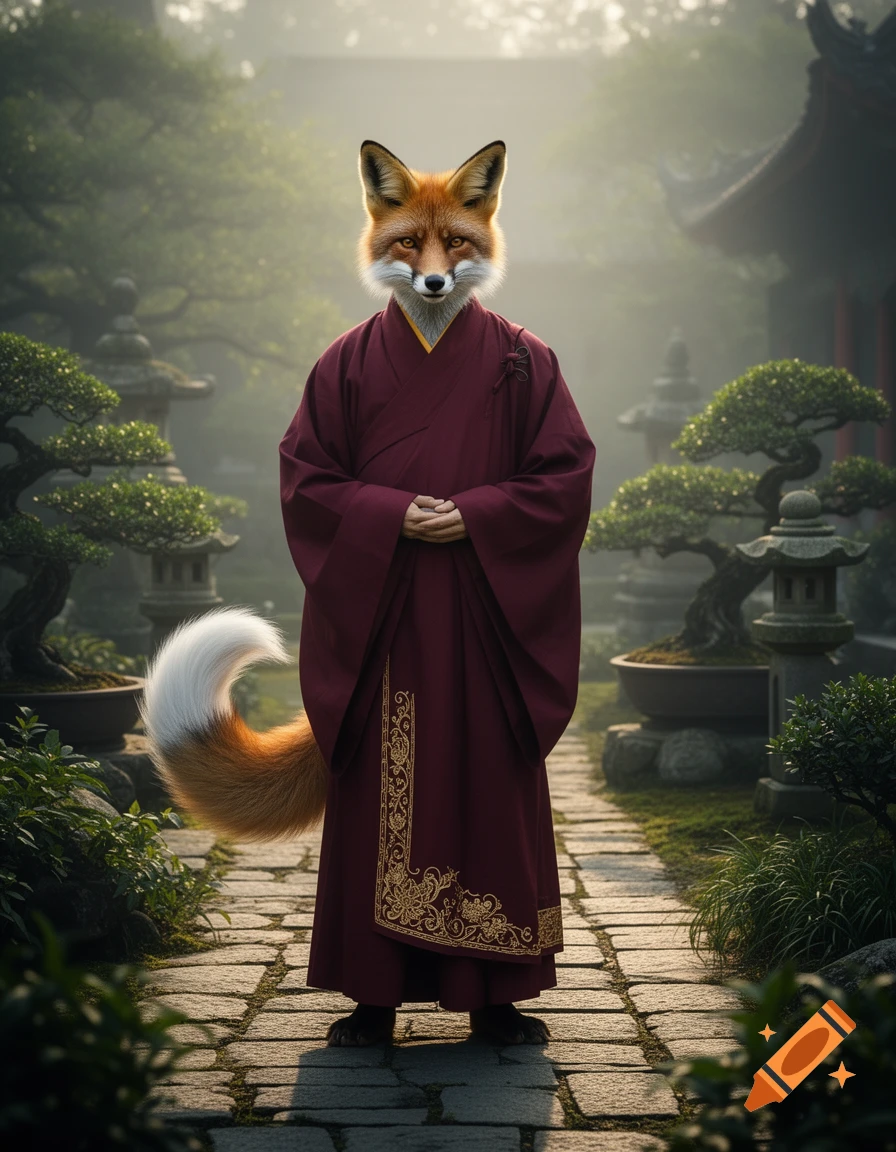 A humanoid fox in a dark red monk's robe stands with clasped hands on a stone path in a foggy Japanese garden.