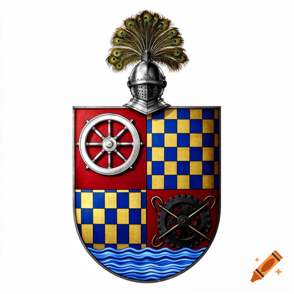 A vibrant coat of arms featuring a silver wheel, blue and gold checkerboard patterns, black gears, blue waves, and a helmet with peacock feathers.