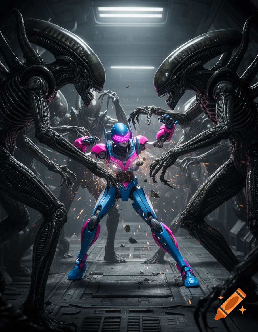 A blue and pink robot battles multiple black Xenomorph aliens in a futuristic corridor, with sparks flying from the damaged robot.