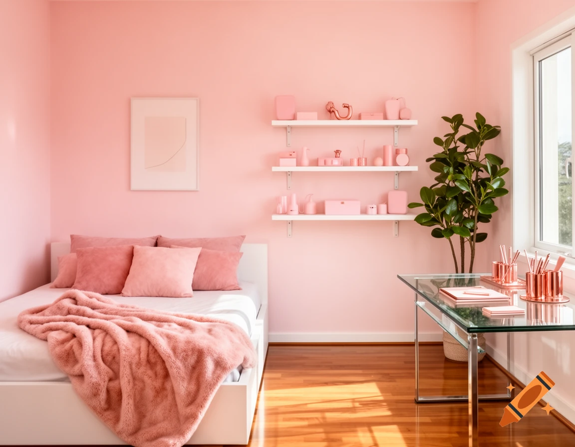 A minimalist pink bedroom with a bed, white shelves, a large plant, and a glass desk.