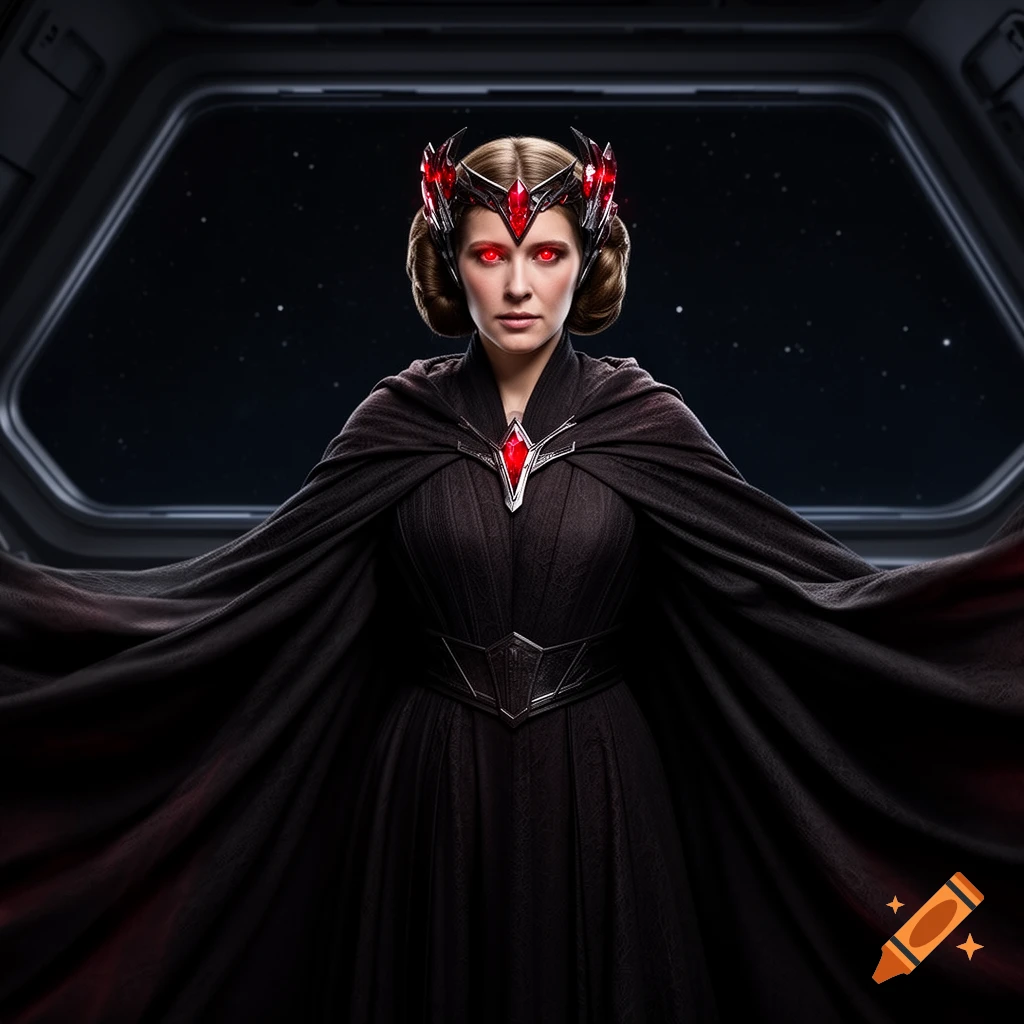 Princess Leia reimagined as a Sith, wearing a dark gown, red-gemmed crown, and cape, with glowing red eyes, aboard a spaceship.