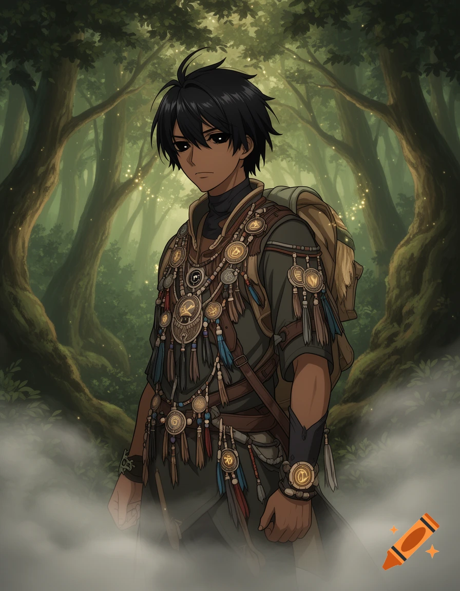 An anime-style male character with dark skin and black eyes, wearing elaborate shaman-like clothing adorned with trinkets, stands in a mystical forest.