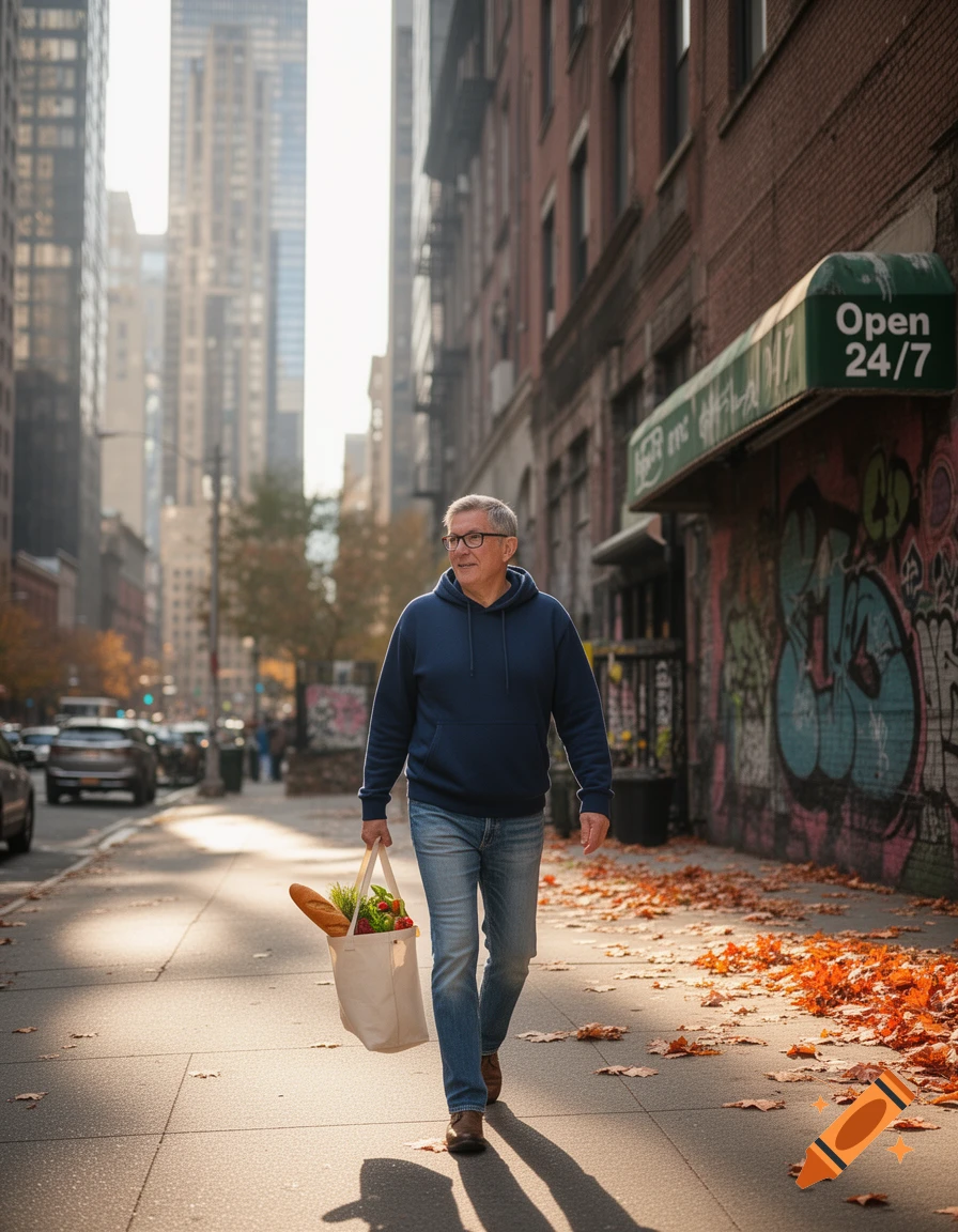 A man in a blue hoodie and jeans walks down a city sidewalk carrying a canvas grocery bag, surrounded by autumn leaves and tall buildings.