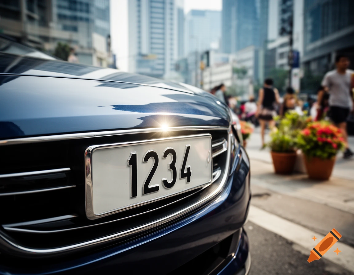 Close-up of the front of a shiny blue car with a '1234' license plate on a blurred city street.