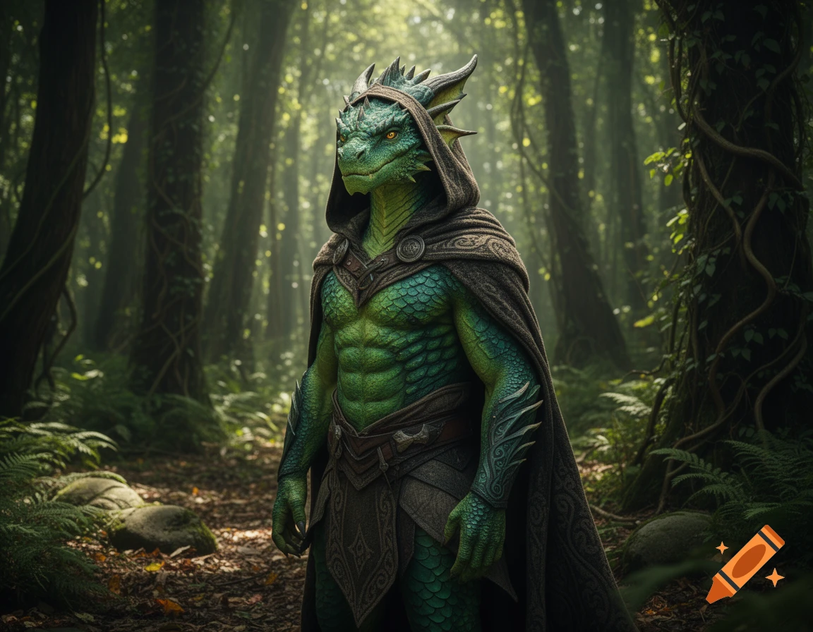 A green-scaled dragonborn wearing a dark hood and cloak stands in a sun-dappled forest, looking intently to the left.