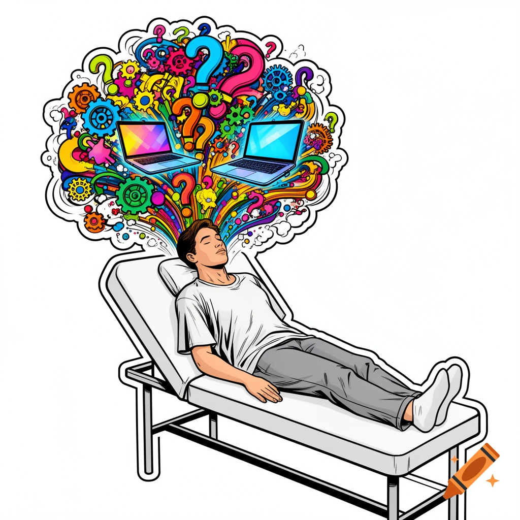 A pop-art illustration of a person lying down with colorful gears, question marks, and laptops bursting from their head.