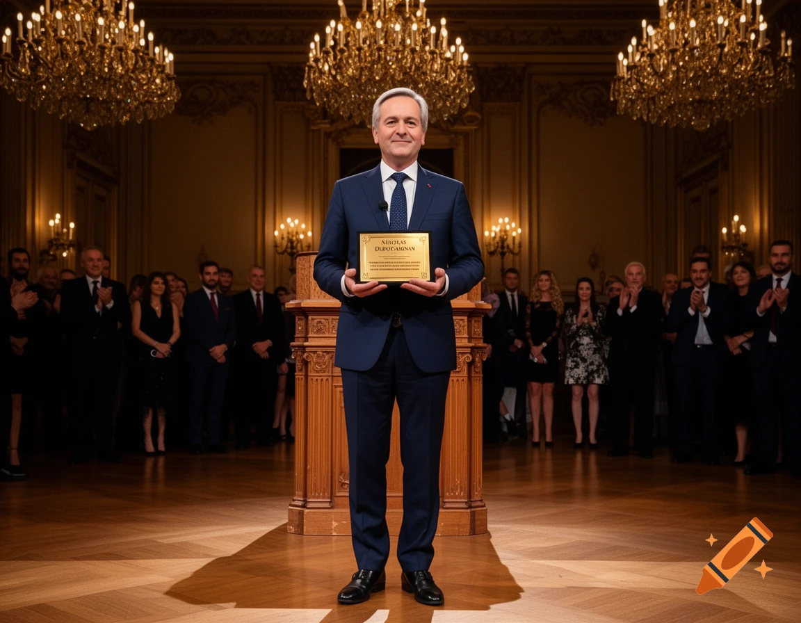 A man in a suit holds a golden award plaque in a grand hall with ornate chandeliers, as an audience applauds in the background.