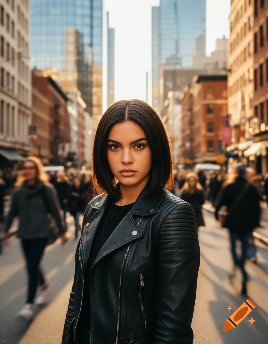 A photorealistic portrait of a young woman with a black bob and leather jacket, standing on a busy city street with blurred crowds and buildings.