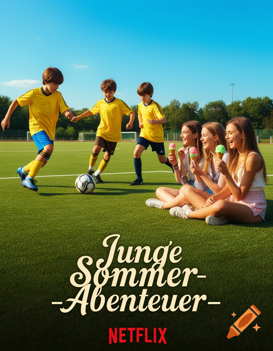 Photorealistic movie poster showing boys playing soccer and girls eating ice cream on a sunny field, titled 'Junge Sommer-Abenteuer' by NETFLIX.