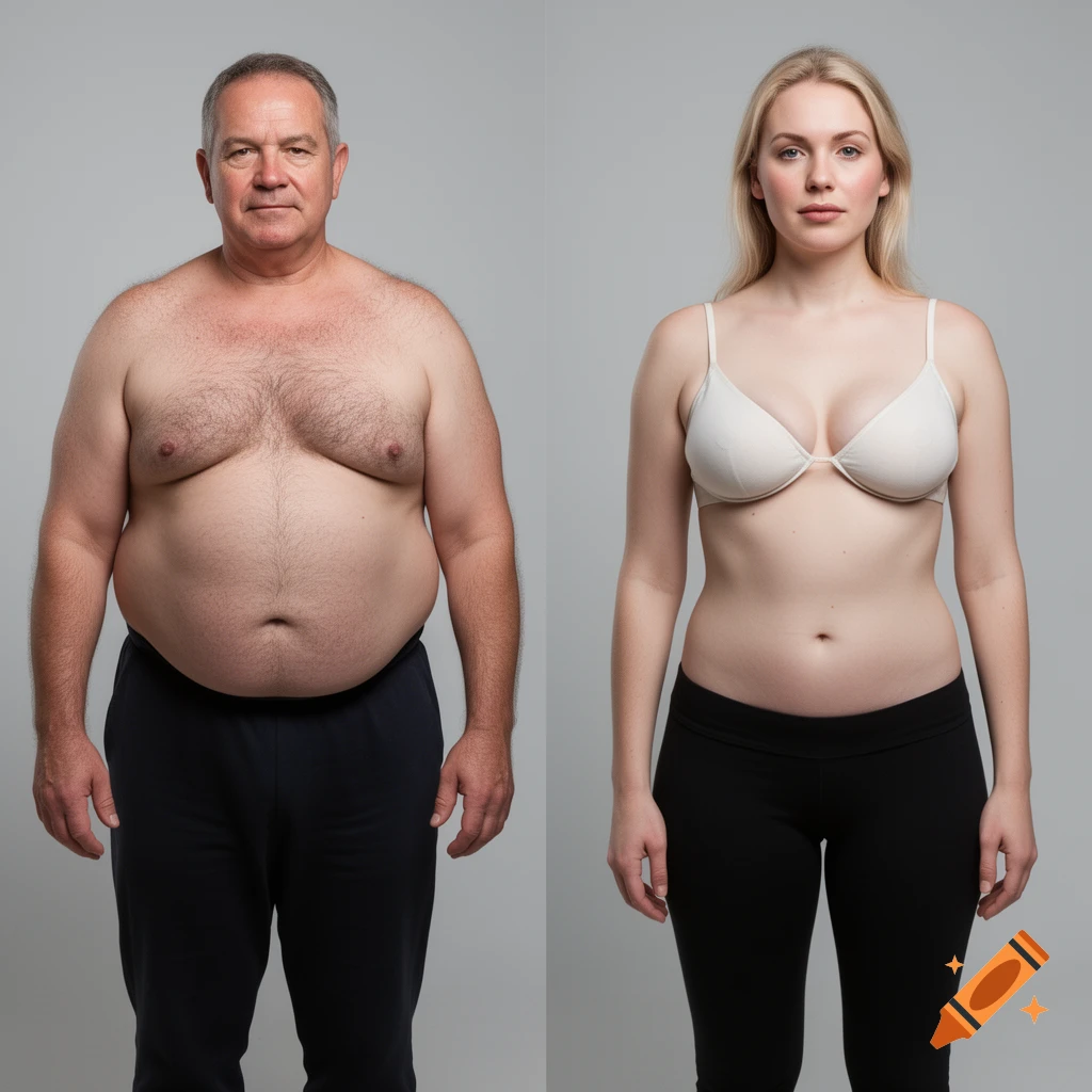 Side-by-side studio portrait of a shirtless middle-aged man and a woman in a white bra and black leggings.